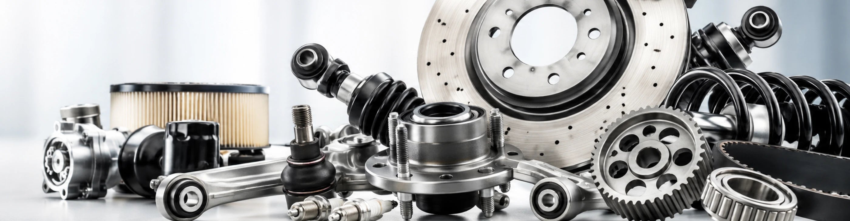 Collection of automotive parts including a wheel, brake rotor, and other components on a white background.