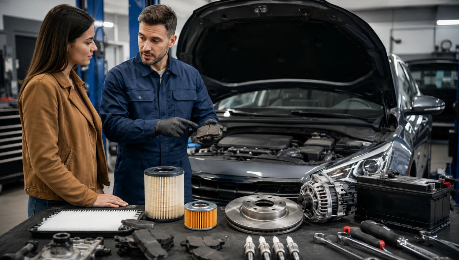 Mechanic explaining car engine parts to a customer in a garage.